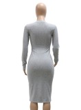 Women Spring Grey Casual O-Neck Long Sleeve Print Midi Dress