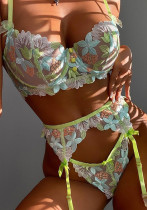 Women Summer Green Romantic Lace Bra And Panty Galter Lingerie Set