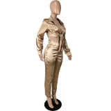 Spring Women Sexy Khaki Tied Bow Turndown Collar Long Sleeve Blouse and High Waist Pants Two Piece Set