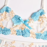Women Blue Sexy Lace Bra And Panty Galter Lingerie Set