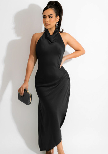 Women Summer Black Sexy V-neck Sleeveless Solid Satin Backless Maxi Dress