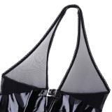 Women Spring Black Sexy Halter Sleeveless Mesh See Through PU Leather Bodycon Dress