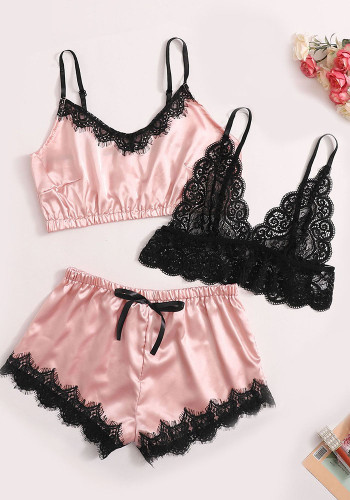 Sexy Pink Stain And Lace Straps Tops And Shorts 3 Piece Set