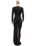 Women Spring Black Sexy O-Neck Long Sleeves Rhinestone Slit Maxi Dress