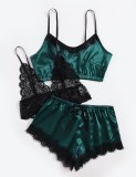 Sexy Green Stain And Lace Straps Tops And Shorts 3 Piece Set