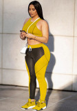 Women Summer Yellow O-Neck Sleeveless Vest Color Blocking Pant Yoga Sets