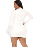 Women Spring White Sweet O-Neck Long Sleeve Mesh with Rhinestone Feathers Mini Plus Size Casual Dress