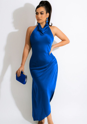 Women Summer Blue Sexy V-neck Sleeveless Solid Satin Backless Maxi Dress