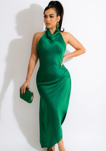 Women Summer Green Sexy V-neck Sleeveless Solid Satin Backless Maxi Dress