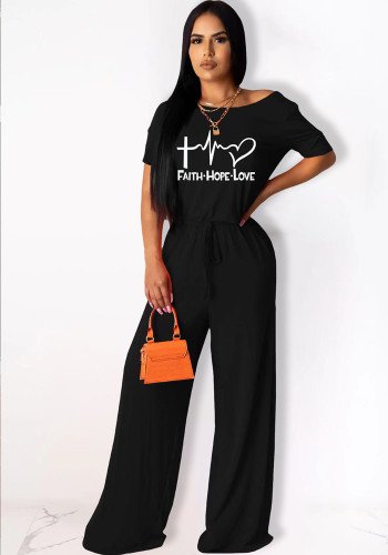 Women Summer Black Casual O-Neck Short Sleeves Letter Print Jumpsuit