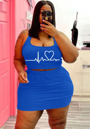 Women Summer Blue Casual U-neck Sleeveless Print Vest Plus Size Two Piece Skirt Set