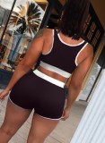 Women Summer Black Casual U-neck Sleeveless Print Vest Plus Size Two Piece Short Set