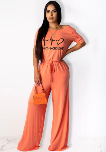 Women Summer Orange Casual O-Neck Short Sleeves Letter Print Jumpsuit