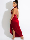 Women Summer Red Sexy V-neck Sleeveless Solid Satin Backless Maxi Dress
