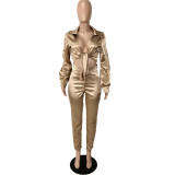 Spring Women Sexy Khaki Tied Bow Turndown Collar Long Sleeve Blouse and High Waist Pants Two Piece Set