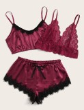 Sexy Red Stain And Lace Straps Tops And Shorts 3 Piece Set