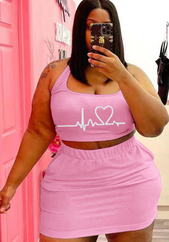 Women Summer Pink Casual U-neck Sleeveless Print Vest Plus Size Two Piece Skirt Set