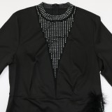 Women Spring Black Sweet O-Neck Long Sleeve Mesh with Rhinestone Feathers Mini Plus Size Casual Dress