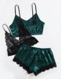 Sexy Green Stain And Lace Straps Tops And Shorts 3 Piece Set