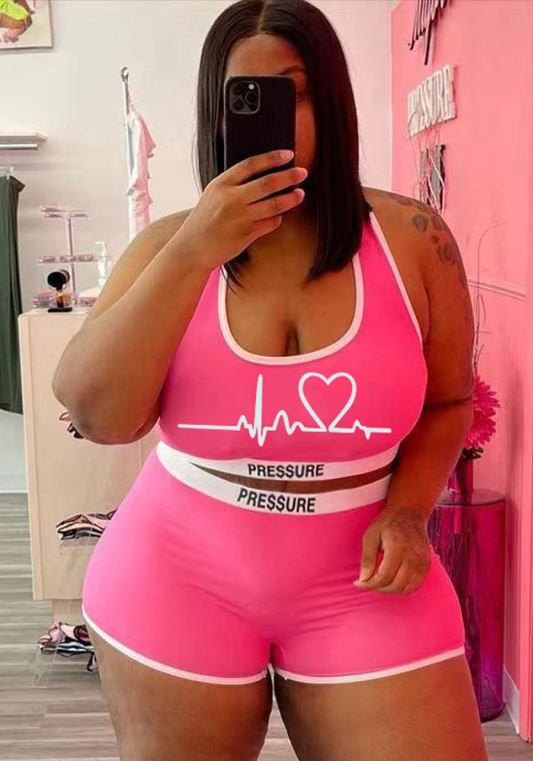 Women Summer Pink Casual U-neck Sleeveless Print Vest Plus Size Two Piece Short Set