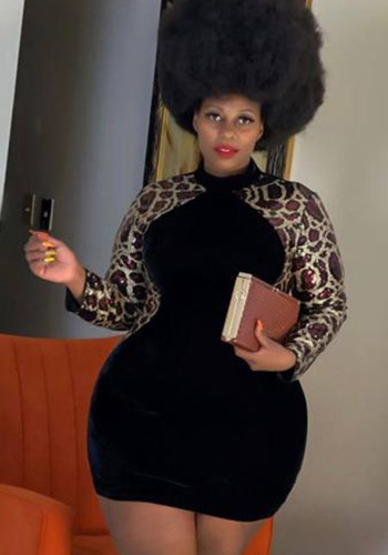 Kadın Bahar Siyah Mütevazı O-Boyun Tam Kollu Patchwork Payetli Mini Kılıf Artı Boyutu Parti Elbise
