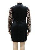 Women Spring Black Modest O-Neck Full Sleeves Patchwork Sequined Mini Sheath Plus Size Party Dress