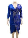 Women Spring Blue Modest V-neck Three Quarter Sleeves Patchwork Sequined Midi Asymmetrical Plus Size Party Dress
