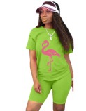 Women Summer Green Casual O-Neck Short Sleeves Animal Print Regular Two Piece Shorts Set