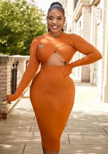 Femmes Printemps Orange Sexy O-Neck Full Sleeves Solid Hollow Out Midi Sheath Club Dress