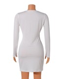 Women Spring White Sexy V-neck Full Sleeves Solid Lace Up Mini Sheath Club Dress