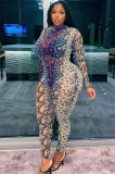 Women Spring Printed Sexy O-Neck Full Sleeves Leopard Print Skinny Jumpsuit