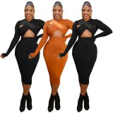 Women Spring Orange Sexy O-Neck Full Sleeves Solid Hollow Out Midi Sheath Club Dress