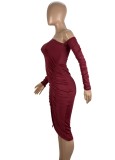 Women Spring Burgunry Romantic Asymmetrical Full Sleeves Solid Pleated Midi Asymmetrical Club Dress