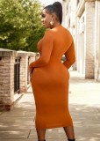 Women Spring Orange Sexy O-Neck Full Sleeves Solid Hollow Out Midi Sheath Club Dress