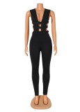 Women Summer Black Sexy V-neck Sleeveless Solid Hollow Out Skinny Jumpsuit