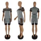 Women Summer Grey Casual O-Neck Short Sleeves Leopard Print Regular Two Piece Shorts Set