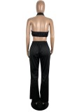 Women Summer Black Sexy Halter Solid Loose Two Piece Pants Set