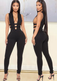 Women Summer Black Sexy V-neck Sleeveless Solid Hollow Out Skinny Jumpsuit