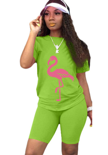 Set di pantaloncini a due pezzi regolari con stampa animalier a maniche corte con scollo a O casual verde estivo da donna