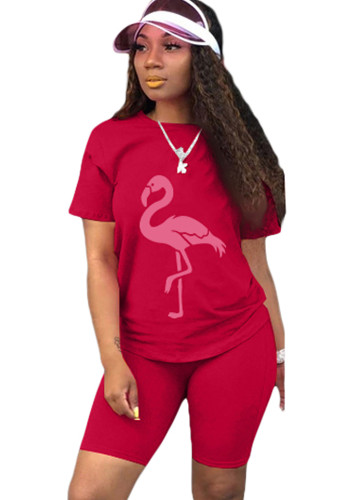 Conjunto de pantalones cortos regulares de dos piezas con estampado de animales de manga corta con cuello redondo informal de rosa de verano para mujer