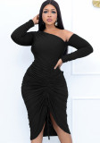 Women Spring Black Sexy Asymmetrical Full Sleeves Solid Pleated Midi Asymmetrical Club Dress