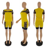 Women Summer Yellow Casual O-Neck Short Sleeves Leopard Print Regular Two Piece Shorts Set