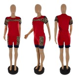 Women Summer Red Casual O-Neck Short Sleeves Leopard Print Regular Two Piece Shorts Set
