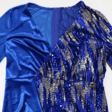 Women Spring Blue Modest V-neck Three Quarter Sleeves Patchwork Sequined Midi Asymmetrical Plus Size Party Dress