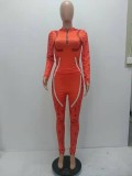 Women Spring Orange Hooded Full Sleeves Printed Zippers Tight Full Length Sweatsuit