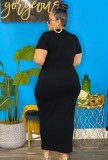 Women Summer Black Casual O-Neck Short Sleeves Solid Ripped Hollow Out Midi Plus Size Long Dress