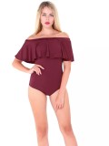 Women Summer Red Sexy Off-the-shoulder Short Sleeves Solid Ruffles Bodysuit