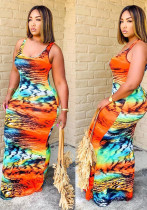 Frauen-Sommer-Orange bedruckter U-Ausschnitt, ärmelloses, lässiges, langes Kleid