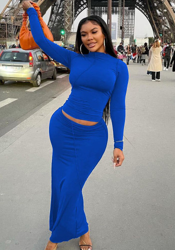 Women Spring Blue Casual O-Neck Full Sleeves Solid Regular MidiTwo Piece Skirt Set