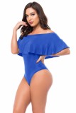 Women Summer Blue Sexy Off-the-shoulder Short Sleeves Solid Ruffles Bodysuit